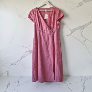 Garnet Hill 100% Linen Sheath Wrap-Style Midi Dress Pink Size 10 Summer Vacation